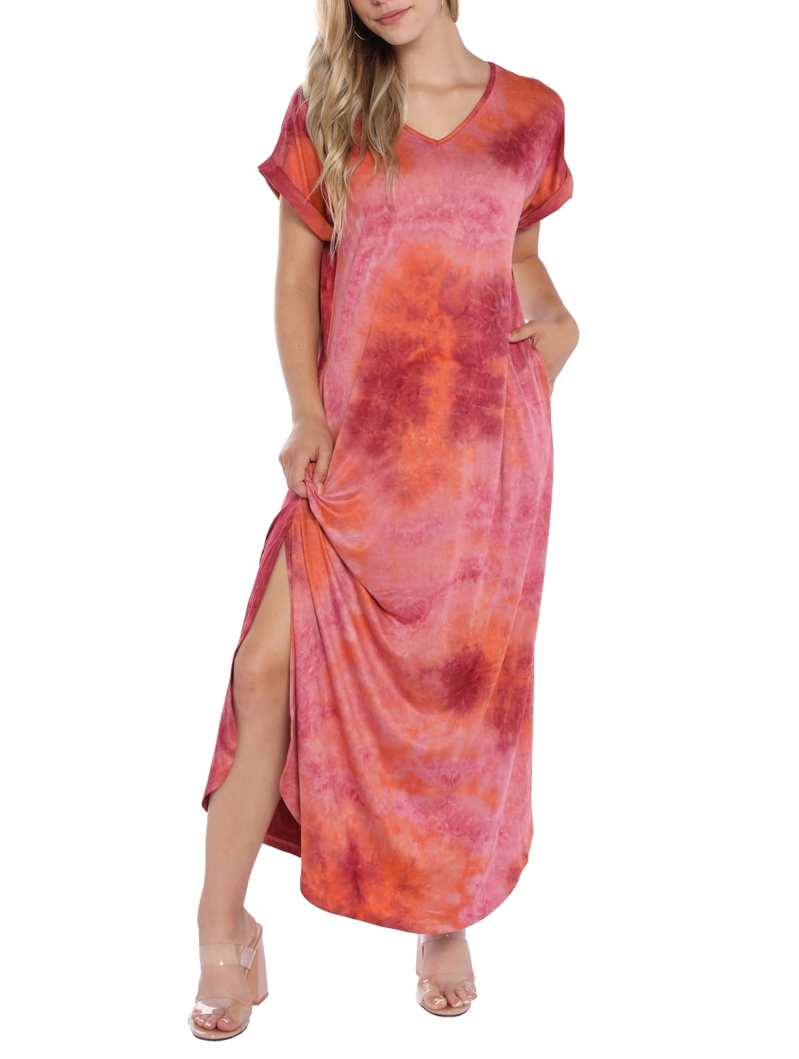 Fashion Pink Dress Women Striped Midi Dress O Neck Short Sleeve Side Slit Bodycon Dress Casual Women Clothes