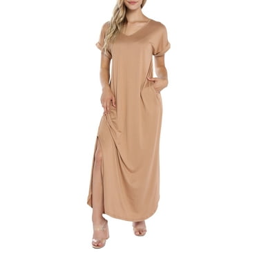Doublju Women's V-Neck Short Sleeve Side Slit Maxi Dress with Pockets (Plus Size Available)