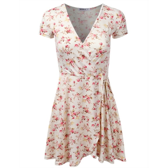 Doublju Women's V-Neck Short Sleeve Swing Flare A-Line Dress