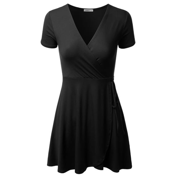 Doublju Women's V-Neck Short Sleeve Swing Flare A-Line Dress