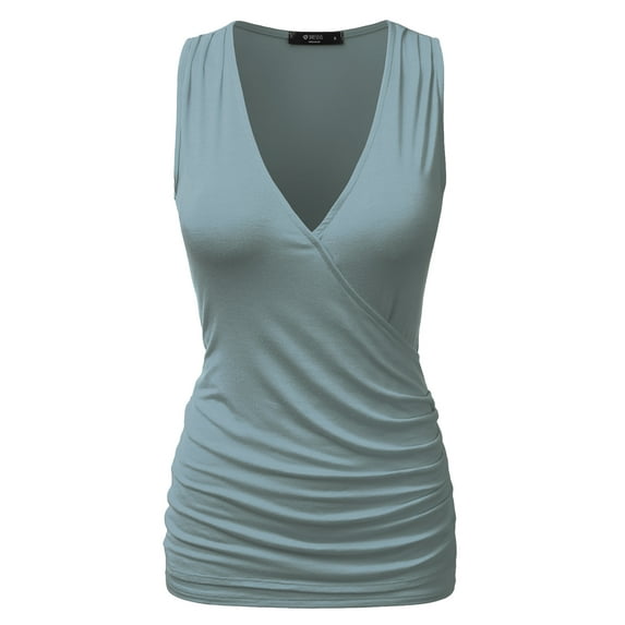 Doublju Women's V- Neck Sleeveless Shirred Sides Tank Top (Plus Size Available)
