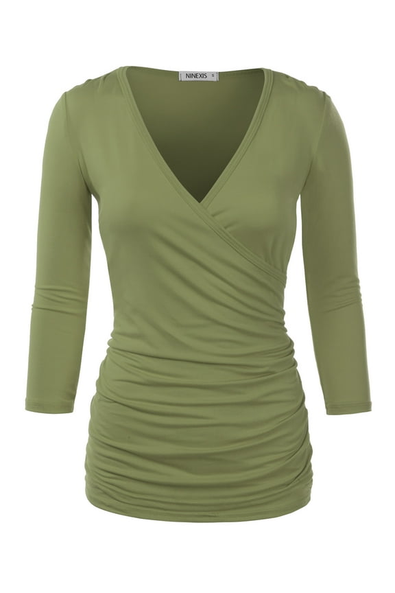 Women's V Neck Twist Knot Ruched Empire Waist Slimming Tunic Top Blouse (S-3X)