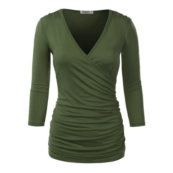 Doublju Women's V Neck Twist Knot Ruched Empire Waist Slimming Tunic Top Blouse (S-3X)