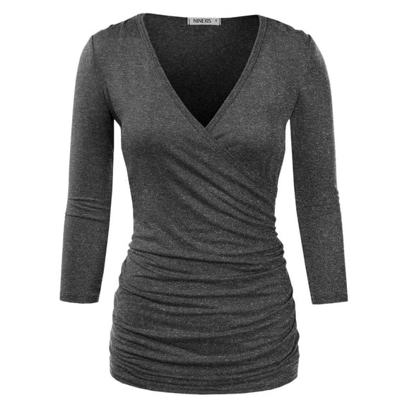 Doublju Women's V Neck Twist Knot Ruched Empire Waist Slimming Tunic Top Blouse (S-3X)