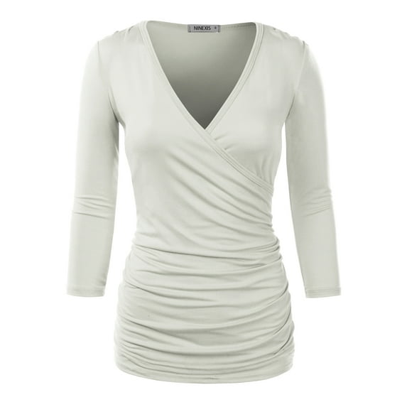 Doublju Women's V Neck Twist Knot Ruched Empire Waist Slimming Tunic Top Blouse (S-3X)