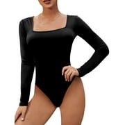 Doublju Womens Basic Square Neck Long Sleeve Top Bodysuit