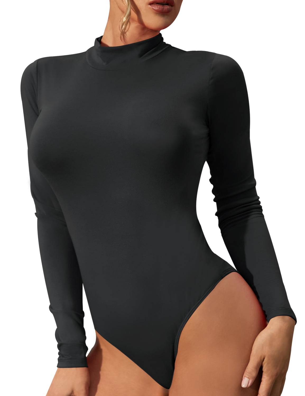 Doublju Womens Basic Turte High Neck Long Sleeve Top Bodysuit 