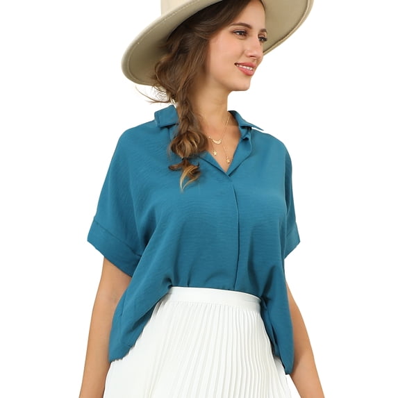 Doublju Womens Johnny Collar Rolled Short Sleeve Blouse With Plus Size