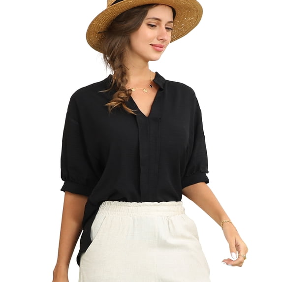 Doublju Womens Johnny Collar Shirred Short Sleeve Blouse With Plus Size