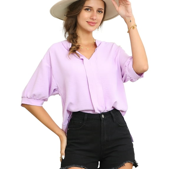 Doublju Womens Johnny Collar Shirred Short Sleeve Blouse With Plus Size