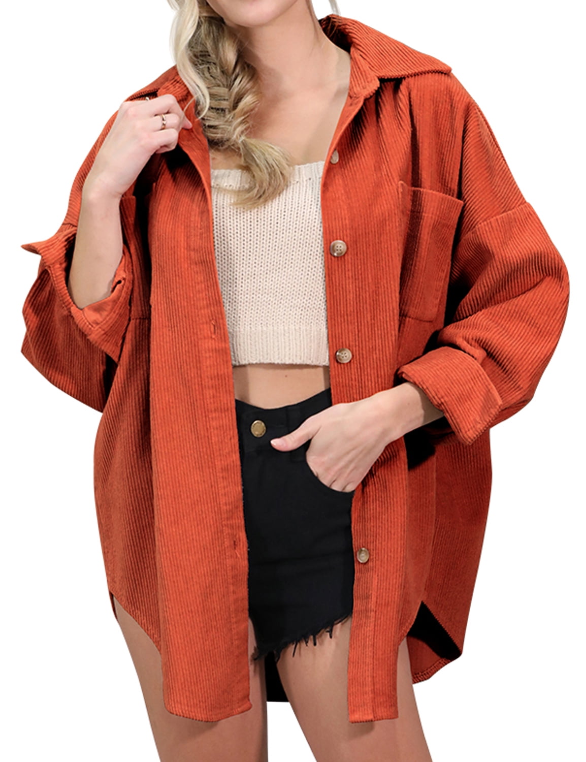 Women's Two-Tone Button-Down Full Sleeves Fleece & Corduroy Jacket, Black and Green