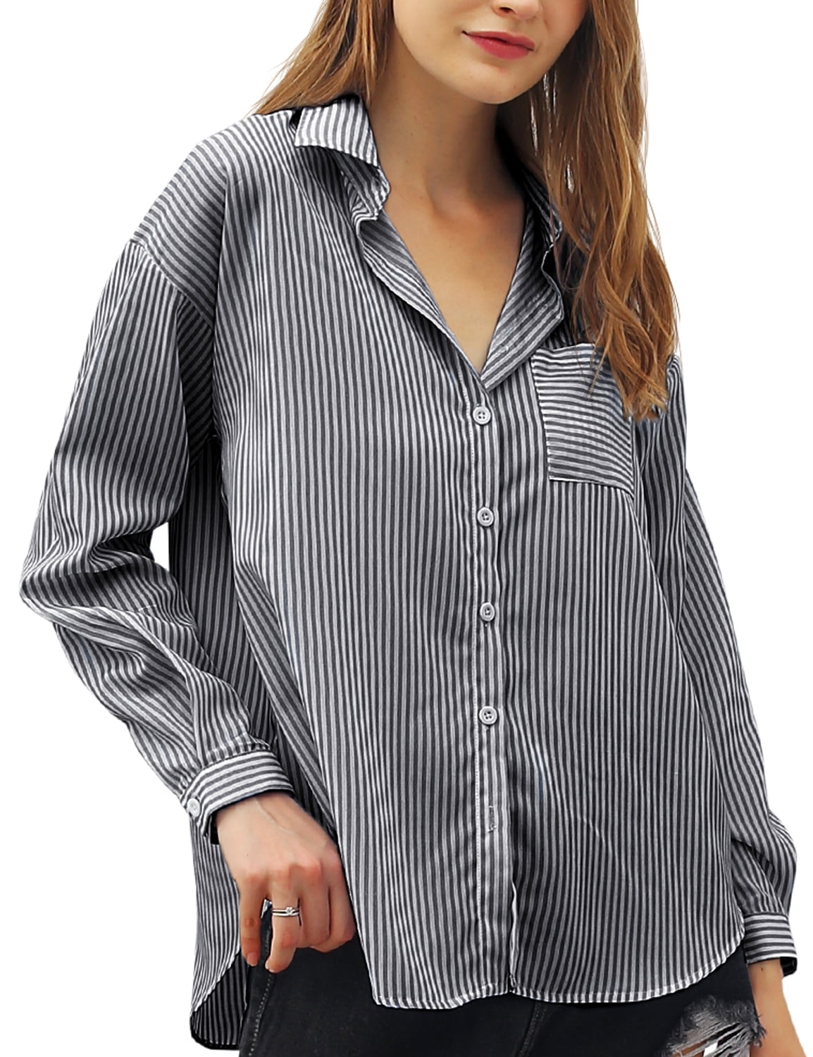 STRIPE SIDE BUTTON DOWN SHORT CUFF SLEEVE TOP