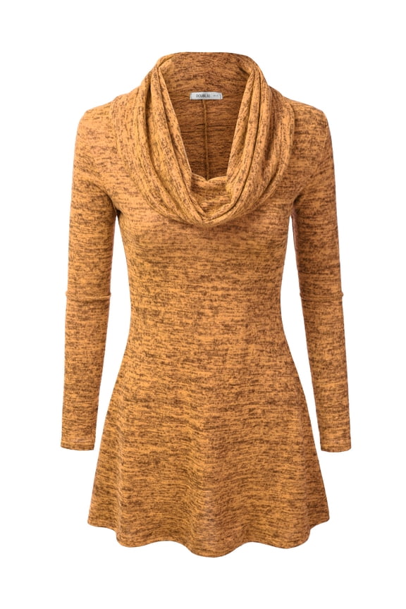 Womens Long Sleeve Cowl Neck A-Line Tunic Sweater Dress ORANGE, S
