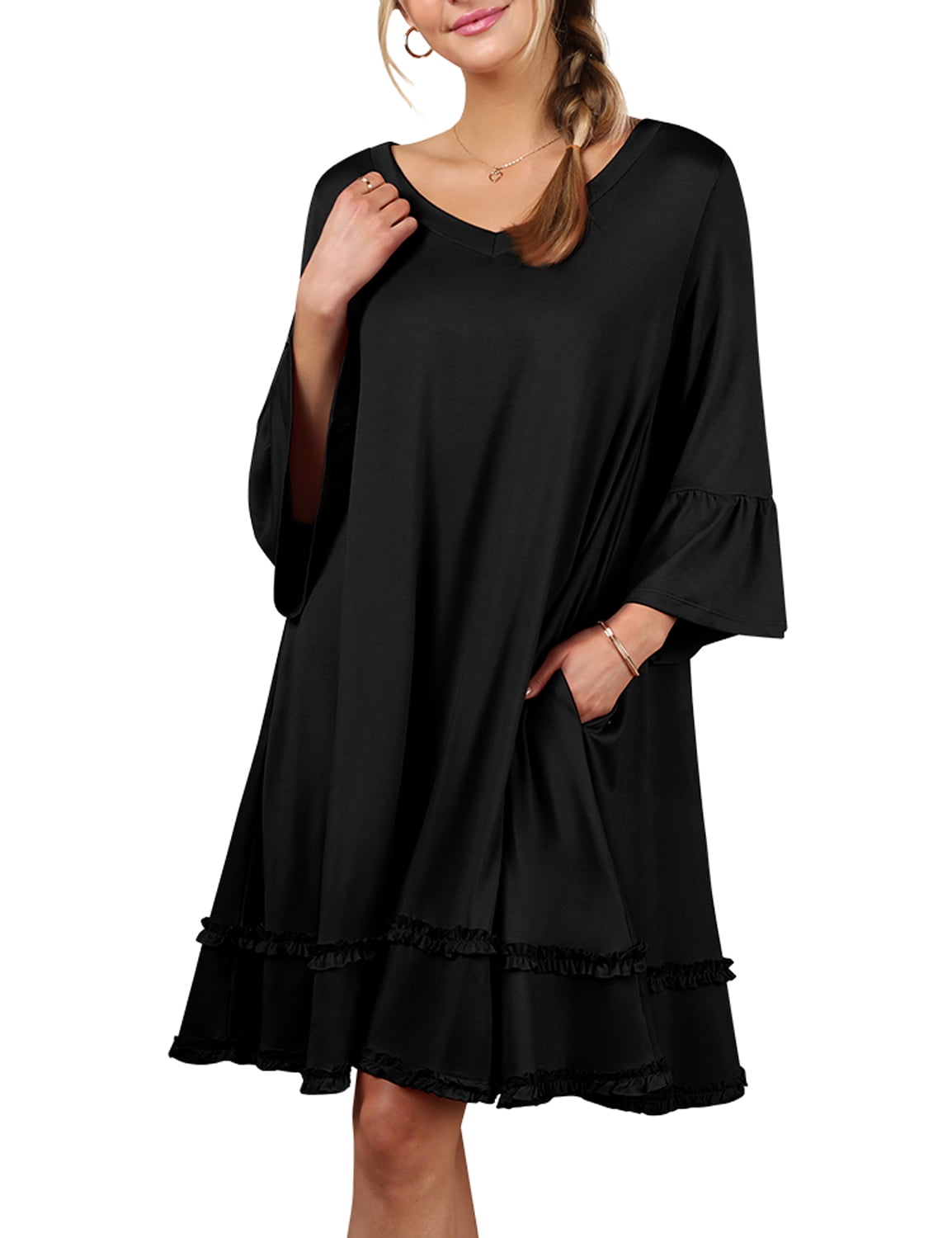 Women's Plus Long Sleeve Cowl Neck Hi Low Ruffle Hem Midi Dress
