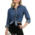 thumbnail image 1 of Doublju Womens Long Sleeve Denim Chambray Button Up Shirt Top, 1 of 4