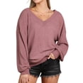 thumbnail image 1 of Doublju Womens Long Sleeve Ribbed V Neck Waffle Knit Sweater Top With Plus Size, 1 of 5