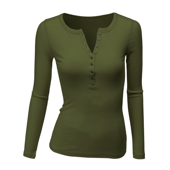 Doublju Womens Long Sleeve Thermal Henley Top with Female Plus Size