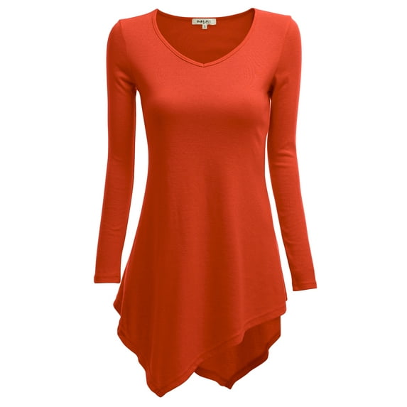 Doublju Womens Long Sleeve V-Neck Tunic Handkerchief Longline Tunic T-Shirt Dress