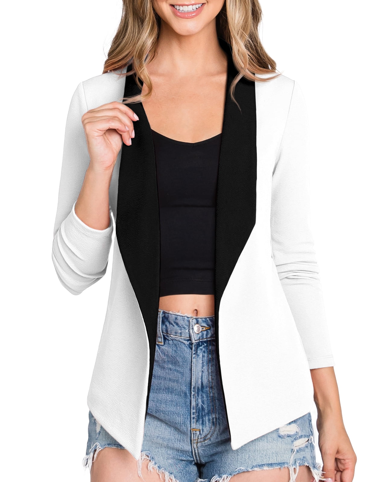 Doublju Womens Open Front Long Sleeve Tailored Draped Blazer Jacket
