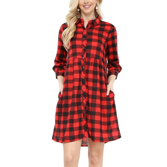 Doublju Womens Roll Up 34 Sleeve Plaid Flared Shirt Dress With 2 Side Pockets