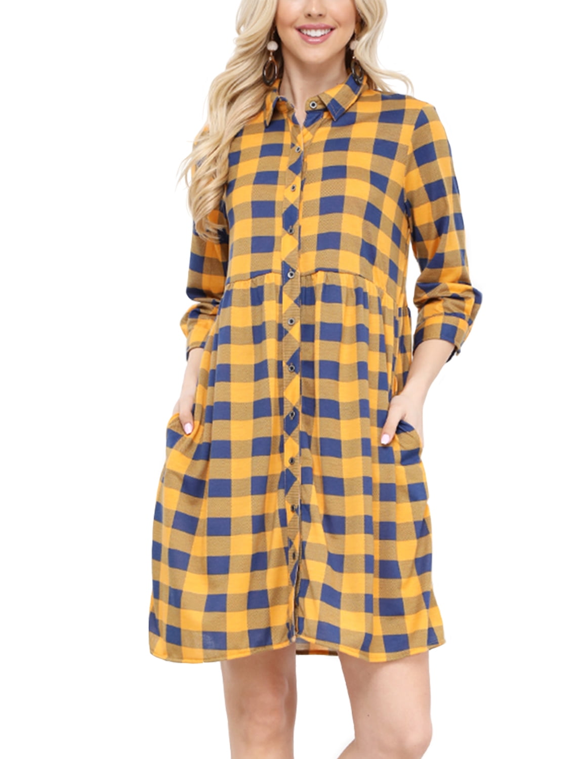 Doublju Womens Roll Up 34 Sleeve Plaid Flared Shirt Dress With 2 Side ...