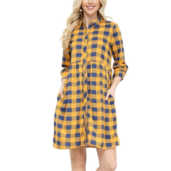 Doublju Womens Roll Up 34 Sleeve Plaid Flared Shirt Dress With 2 Side Pockets
