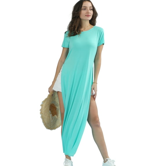 Doublju Womens Round Neck Short Sleeve Side Slit Long Dress With With Plus Size