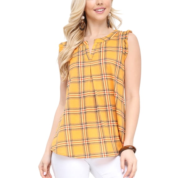 Doublju Womens Ruffle Cap Sleeveless Slit Neckline Loose Fit Plaid Stylish Top