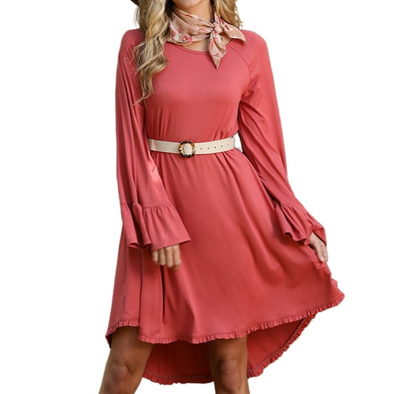 Doublju Womens Ruffle Detail Long Sleeve Dress With Side Pocket
