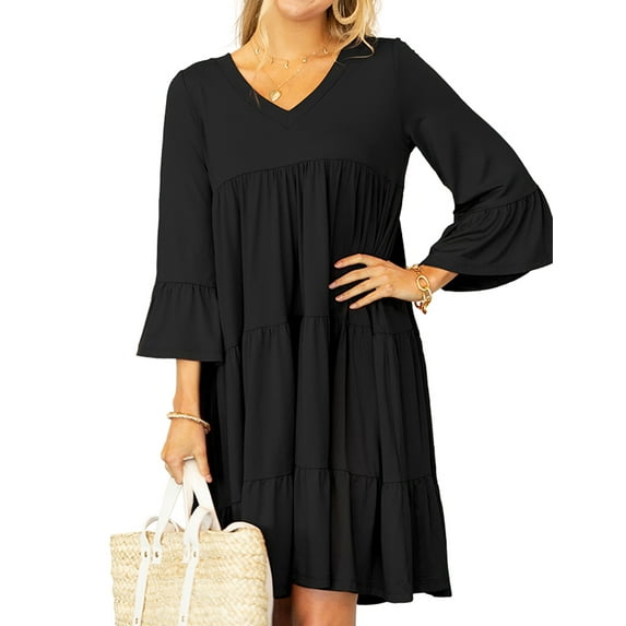 Doublju Womens Ruffle Layered Long Sleeve Midi Dress With Plus Size