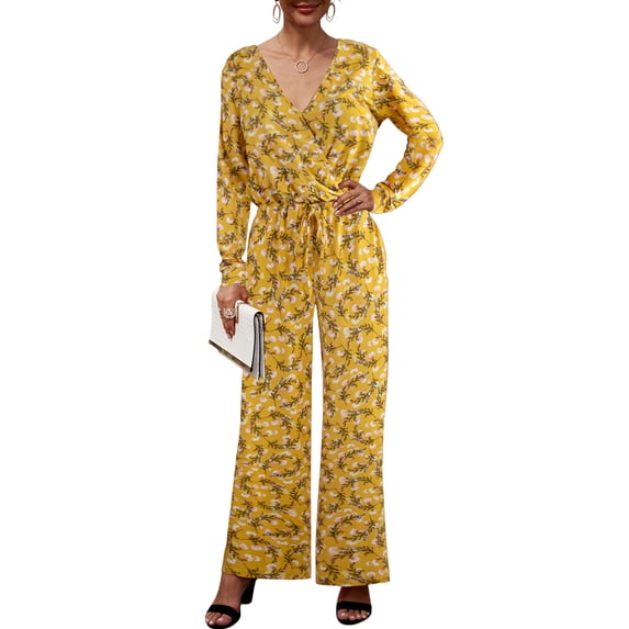 Doublju Womens Sexy V Neck Long Sleeve Waist Band Jumpsuit With Plus Size