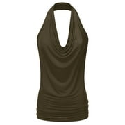 Doublju Womens Sleeveless Halter Neck Draped Blouse Tops (Female Plus Size Available)