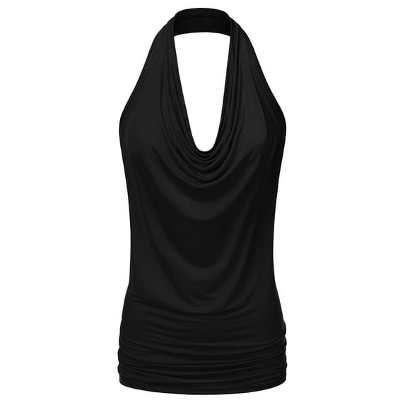 Doublju Womens Sleeveless Halter Neck Draped Blouse Tops (Female Plus Size Available)