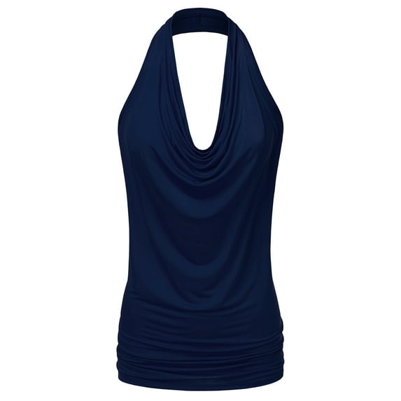 Doublju Womens Sleeveless Halter Neck Draped Blouse Tops (Female Plus Size Available)