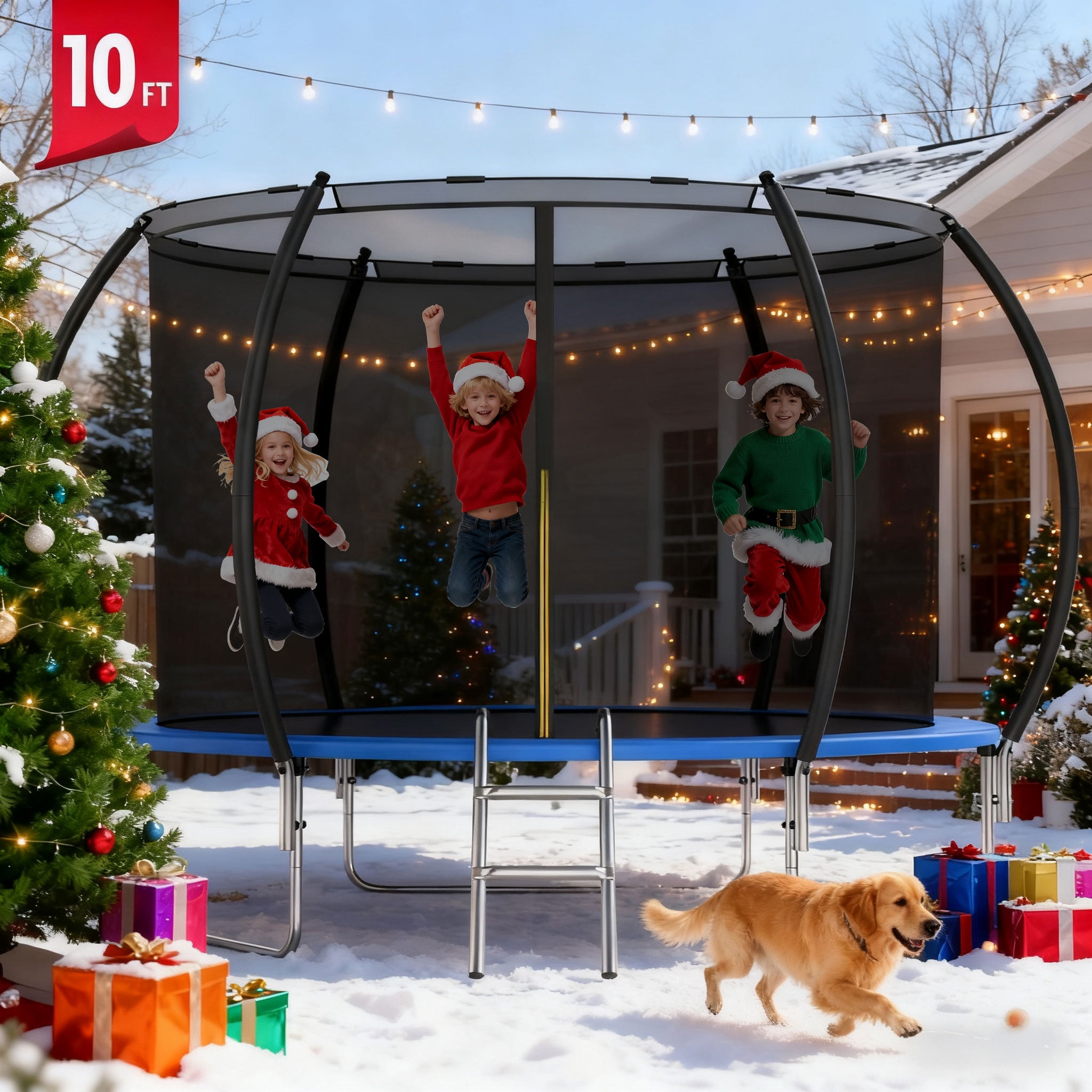 FUNTOK Trampoline 10FT 12FT 14FT Trampoline with Enclosure Net for Kids Adults, 600 LBS New Upgraded Recreational Backyard Trampolines with Waterproof Jump Mat Ladder for 3 Person