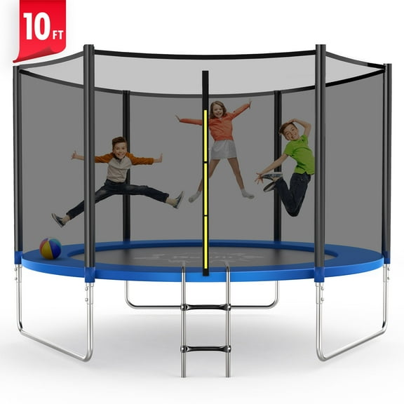 FUNTOK 10FT Trampoline for Kids and Adults, Recreational Trampoline with Enclosure Net, 600LBS Capacity Outdoor Backyard Trampoline w/ Ladder for 3-4 Kids
