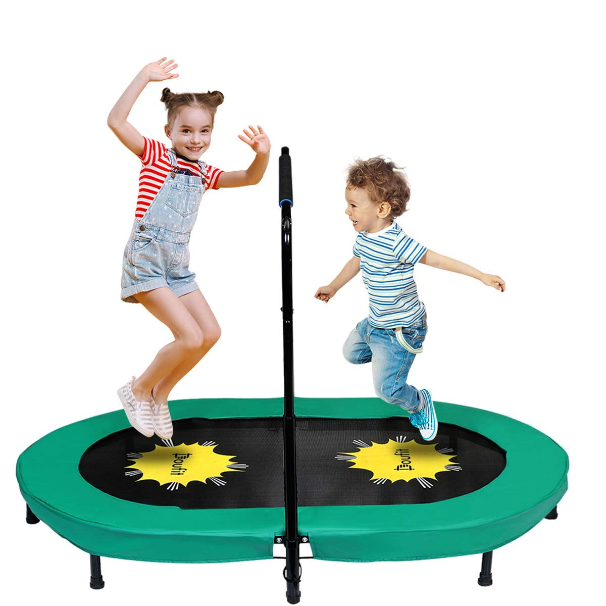 Doufit 56'' Mini Trampoline with Adjustable Handle for 2 Kids Toddler, Foldable Parent-Child Jumping Trampoline Indoor Outdoor Workout, Green, Max Load 220lb