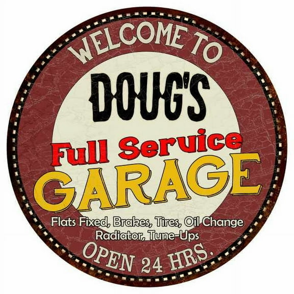Doug's Full Service Garage 14" Round Metal Sign Man Cave Decor 100140037053