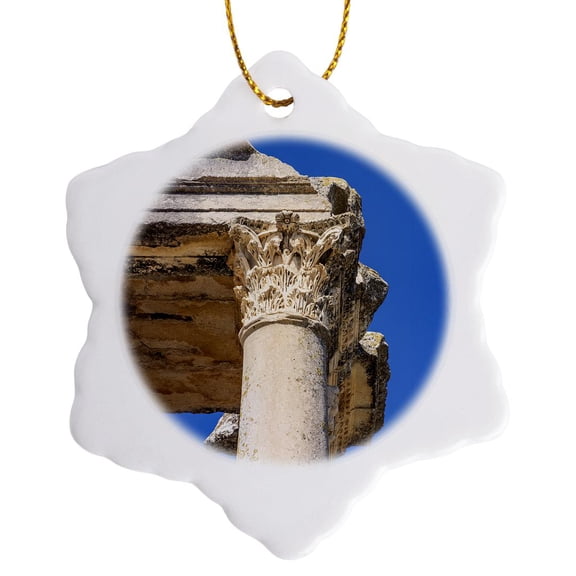 3drose, Dougga, Beja, Tunisia. Temple of Juno Caelestis at Roman Ruins., 3 inch Snowflake Porcelain Ornament