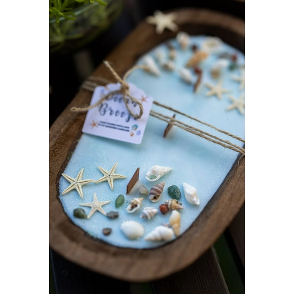 Dough Bowl Candle With Wood Wick and Soy Wax/ With Sea Shells & Starfish /Farmhouse Candle/3 Wood Wick Candle /Summer Scents