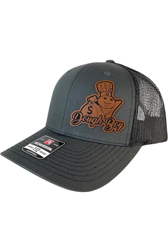 Dough Boy hat Funny Daddy Joke Trucker hat, Laser Engraved Vegan Leather Patch, Snapback (Cotton Blend, Charcoal/Black)