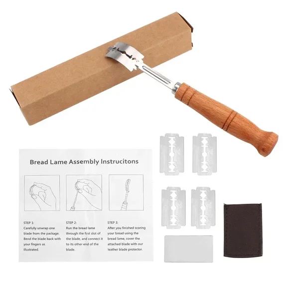 Dough Bread Pastry Cutter with 5 Blades Toast Curved Baguette Bread Knife Wooden Handle Bakers Baking Accessory Pastry Spatulas