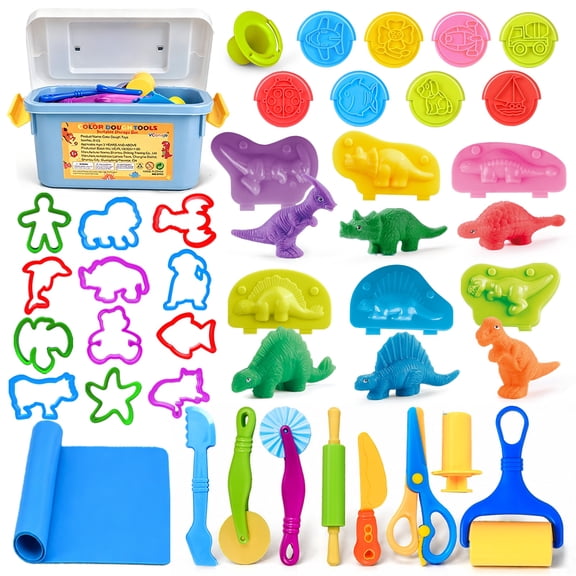 jhtigre Playdough Tools Set for Kids Ages 3+, 37-Piece Accessories with Storage Box, Mat, Rolling Pins, Scissors, Cutters and Dino Makers
