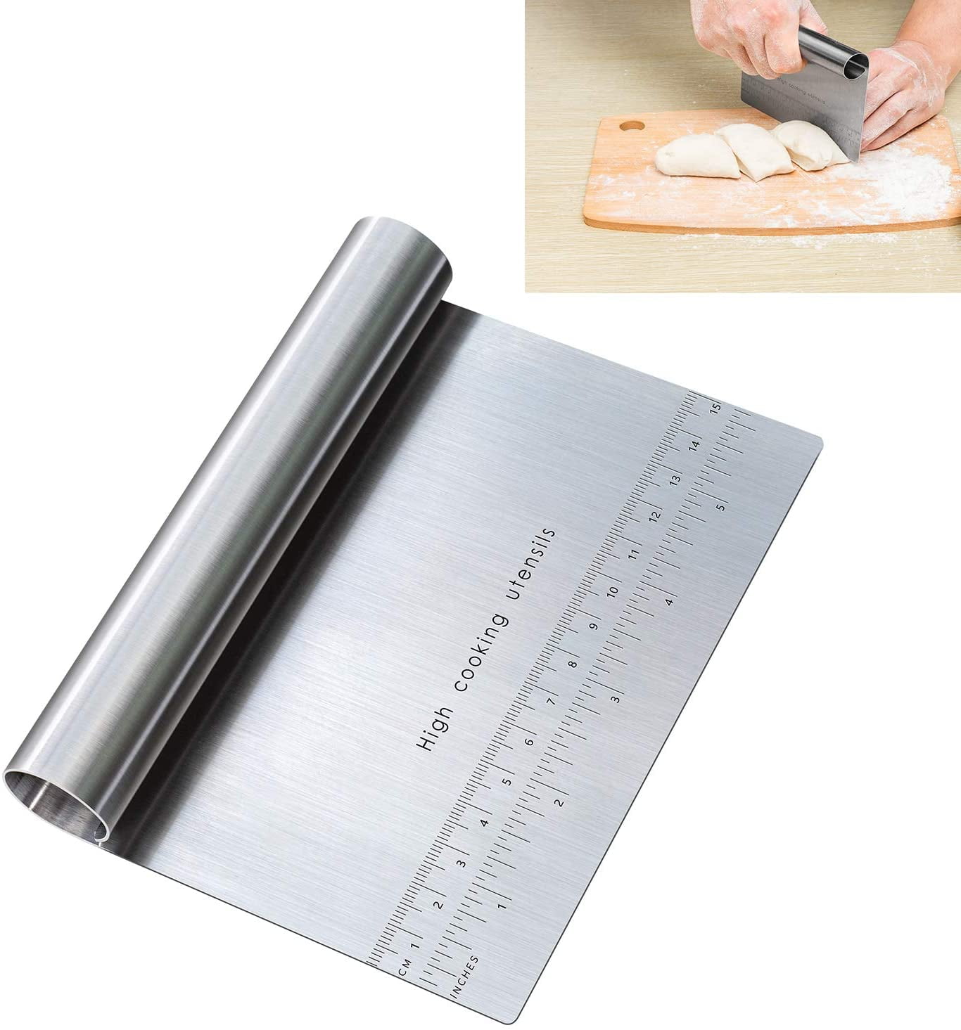 LavoHome Stainless Steel Bench Scraper & Dough Cutter - Multi Function Kitchen Tool Scoop Scraper Best Pizza and Dough Cutter with Ruler Measurements