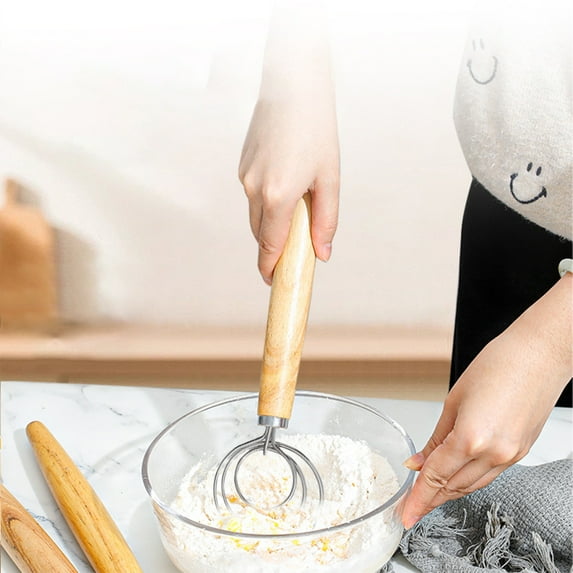 Dough Whisk Stainless Steel | Bread Mixing Tool | Ergonomic Wooden Handle | 13.26x3.14in | Khaki | Pastry, Batter & Egg Blender | Baking Essentials | Durable, Easy Clean