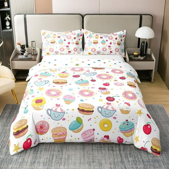 Doughnut Cup Cake 100 Percent Cotton Duvet Cover King Afternoon Tea Theme Bedding Set Cute Cherry Fruit Comforter Cover Sweet Ice Cream Bed Sets with 2 Pillowcases Soft,Comforter Not Included