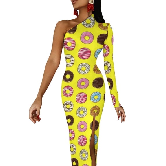 Doughnut Pattern Maxi Dress Long Sleeve Sweet Food Print Party Bodycon Dresses Spring High Slit Vintage Dress Female Clothing
