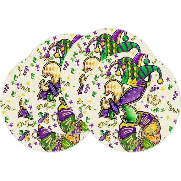 Doughnuts Iris Fleur De Lis Hat Mardi Gras Round Placemats Set of 4 Carnival Table Mats for Masquerade Party Home Kitchen Dining Table Decorations 14x14 Inch