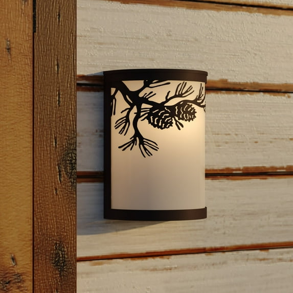 Douglas 1-Light 8 in. Wide Warm Bronze Indoor-Outdoor Rustic Flush Mount Wall Sconce with Metal Pinecone Cutout and Amber Flake Glass Shade, Dimmable, LED Compatible, Steel