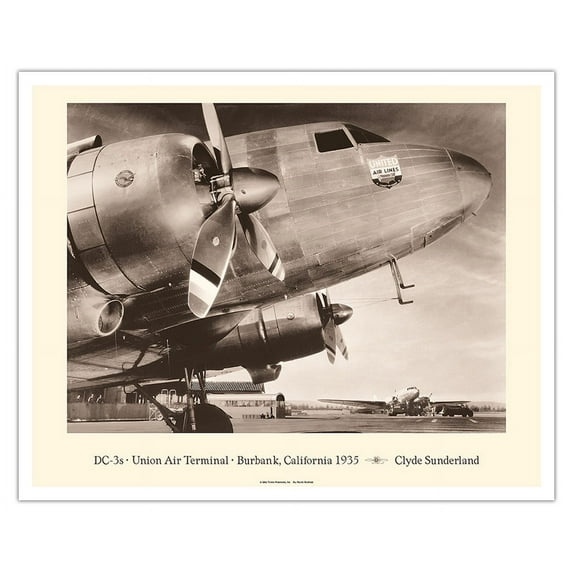 Douglas DC-3's - Union Air Terminal Burbank California 1935 - United Air Lines - Vintage Aviation Poster by Clyde Sunderland - Fine Art Matte Paper Print (Unframed) 16x20in